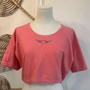 Vintage Y2K Baby Tee Pink Embroidered Crop Top Cotton Fitted L
